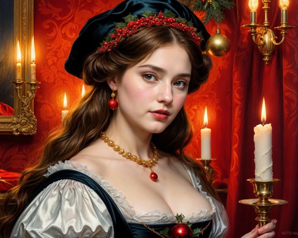 Young Woman in Lavish Dress Against Red Backdrop