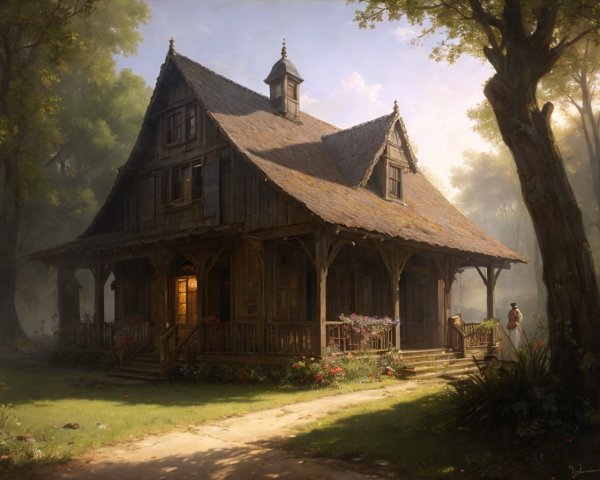 Rustic wooden house with porch among trees and sunlight