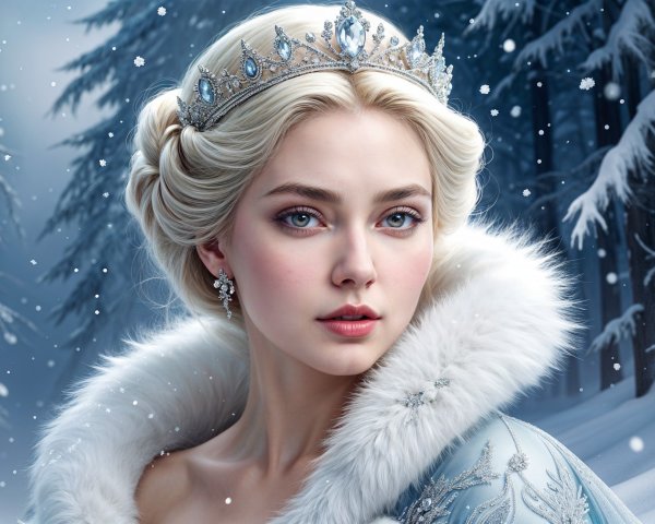 Serene Young Woman in Icy Blue Gown with Snowflakes