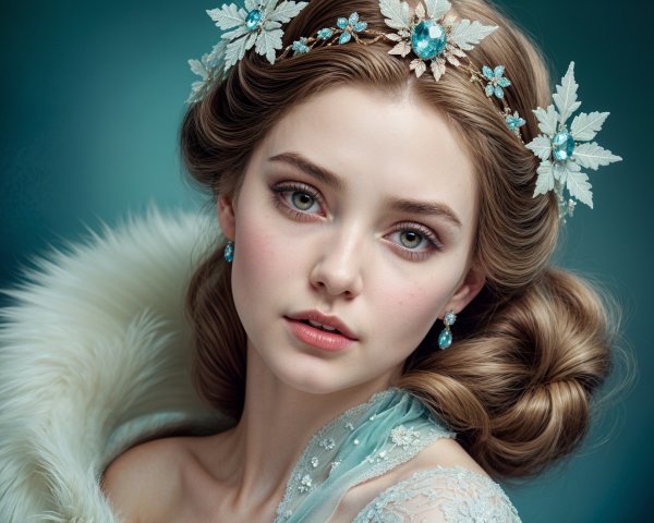 Young Woman in Elegant Gown with Floral Accessories
