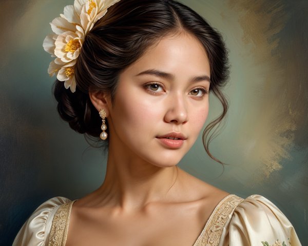Elegant Woman in Vintage Dress with Floral Updo