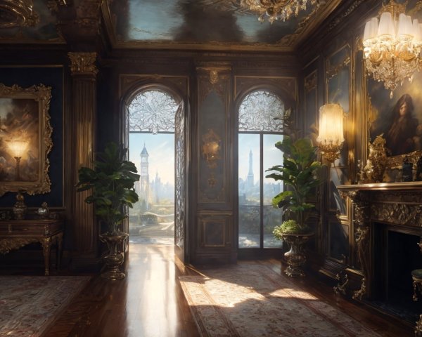Luxurious Room with Large Windows, Chandeliers, Fireplace, and Plants