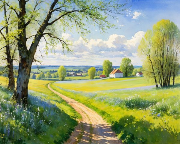 Serene Countryside Landscape with Winding Path and Houses