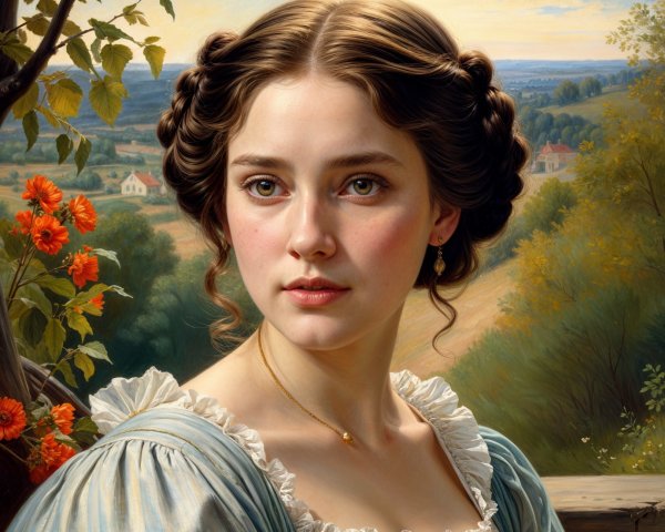 Young woman in blue dress against serene landscape