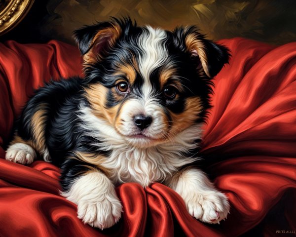 Fluffy Tri-Color Puppy on Red Velvet Fabric