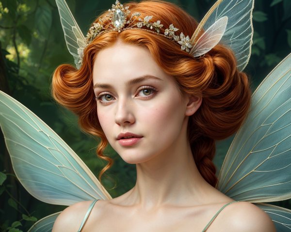 Fairy with Red Hair and Translucent Wings in Forest