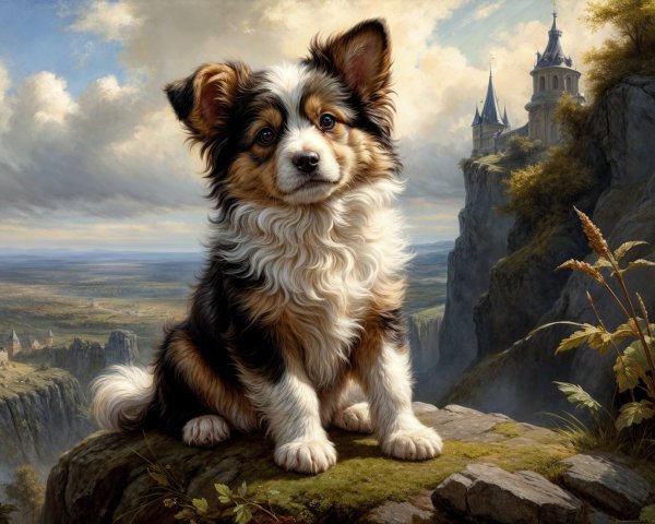 Tri-colored fluffy dog on rocky outcrop with landscape