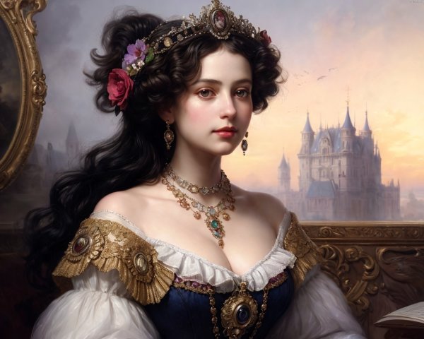 Portrait of elegant young woman with dark hair, flowers, jewels, royal dress, and castle backdrop.