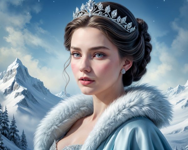 Young woman in icy-blue gown in winter landscape