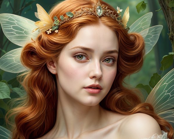 Young woman with auburn hair and butterfly wings