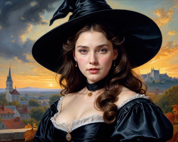 Young woman in black dress and witch hat at sunset