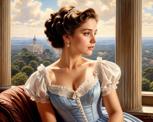 Young Woman in Blue Gown by Ornate Window