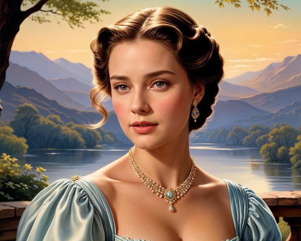 Young woman in blue dress by serene river at sunset