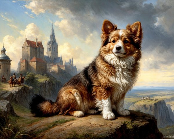 Majestic Landscape with Dog and Castle on a Cliff