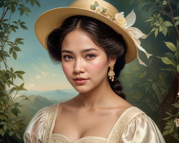Young Woman in Vintage Dress with Floral Accents