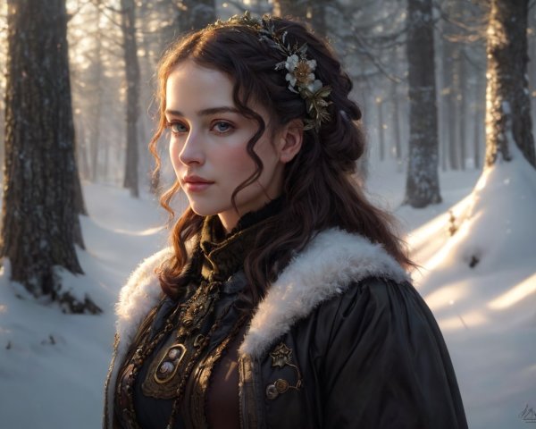 Woman in historical attire with fur collar standing in snowy forest.