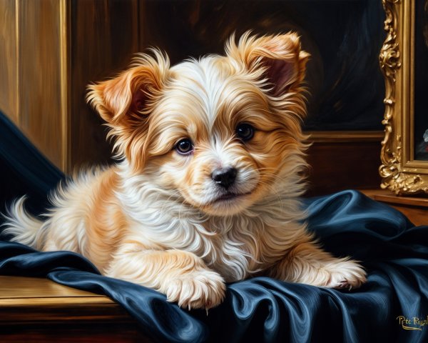 Fluffy Puppy on Luxurious Dark Fabric Background
