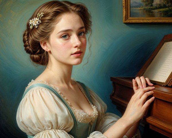 Young Woman in Blue Dress Beside Wooden Piano