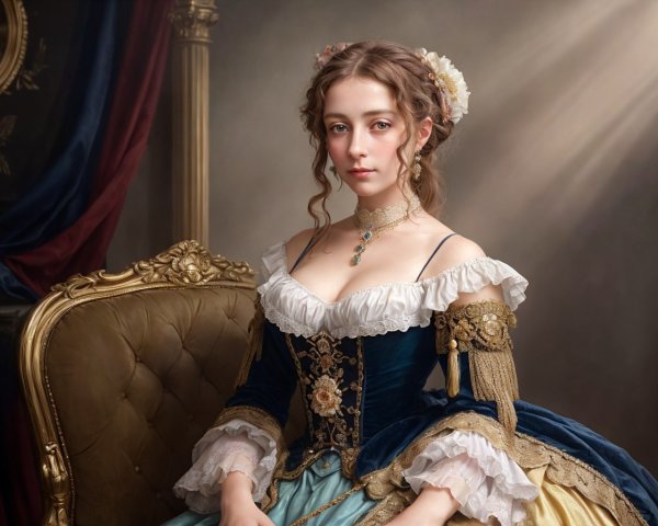 Historical dress woman in sunlight beam portrait