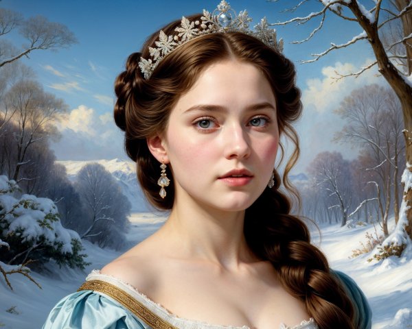 Young woman in blue gown with tiara in winter scene