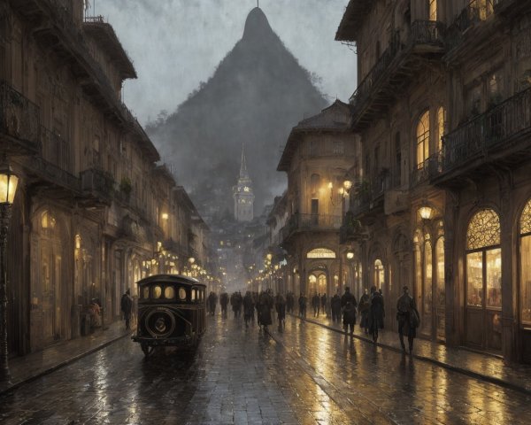 Vintage tram on rainy cobblestone street with old buildings and illuminated shopfronts.