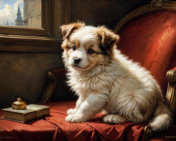 Fluffy Cream Puppy on Red Velvet Chair in Cozy Room