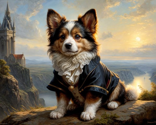 Regal Dog in Opulent Coat Against Castle Landscape