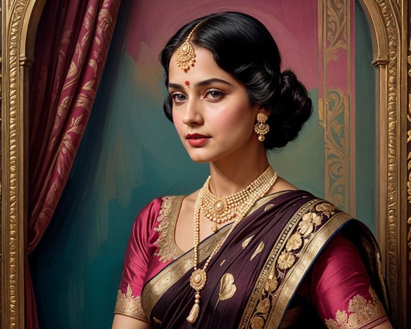 Elegant Woman in Burgundy Saree with Gold Embroidery