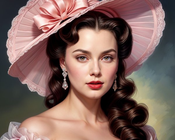 Portrait of a Young Woman in a Pink Hat and Earrings