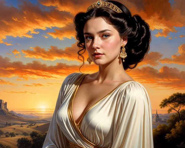 Regal Woman in White Gown Against Sunset Landscape