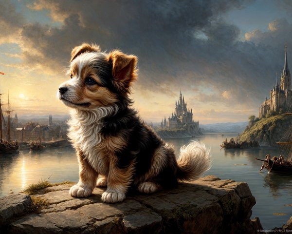 Fluffy Dog on Rocky Outcrop by Serene Lake and Castle