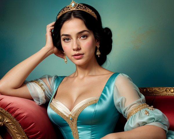 Young woman in turquoise gown with gold accents