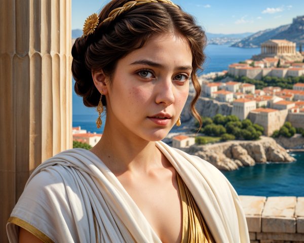 Young woman in gold headpiece by coastal city