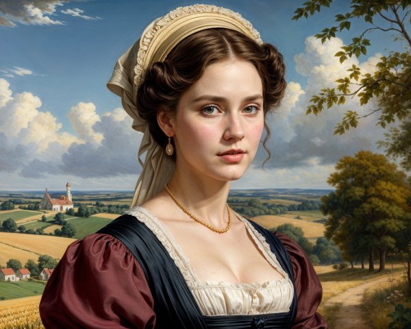 Young Woman in Classic Outfit Against Scenic Landscape