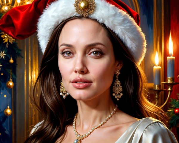 Sophisticated Woman in Santa Hat with Holiday Decor