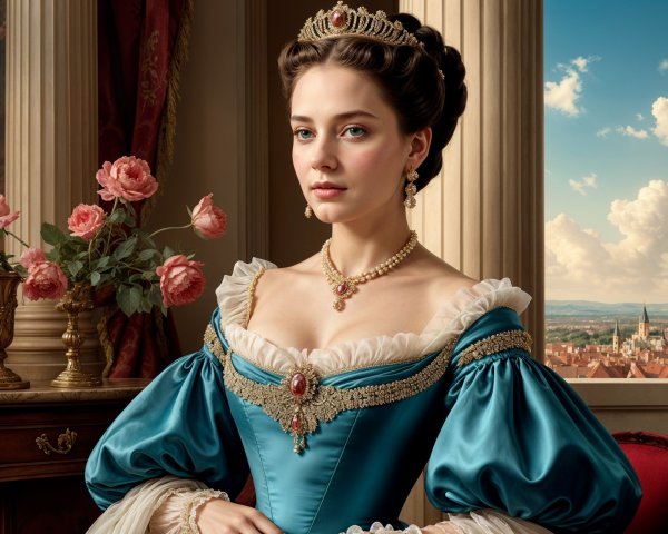 Regal Woman in Teal Gown with Cityscape Background