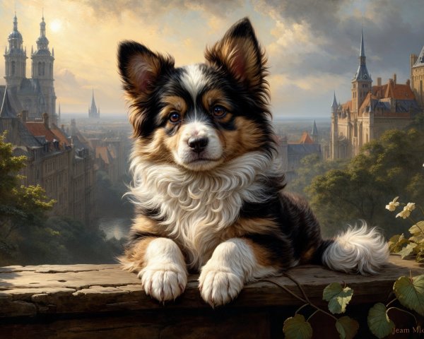 Fluffy Dog Overlooking Scenic Old Town Landscape