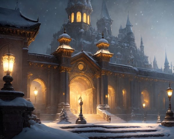 Gothic-style building in snow with warm lighting