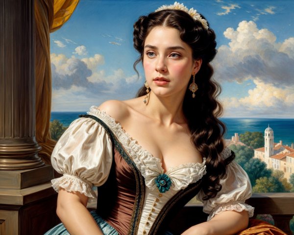 Young Woman in Elegant Gown on Coastal Balcony