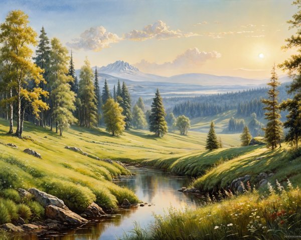 Serene landscape with river, meadows, and mountains