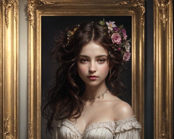 Portrait of a Young Woman with Curly Hair and Flowers
