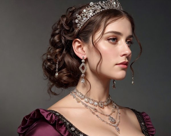 Profile view of woman in elegant updo, tiara, diamond jewelry, burgundy gown on grey