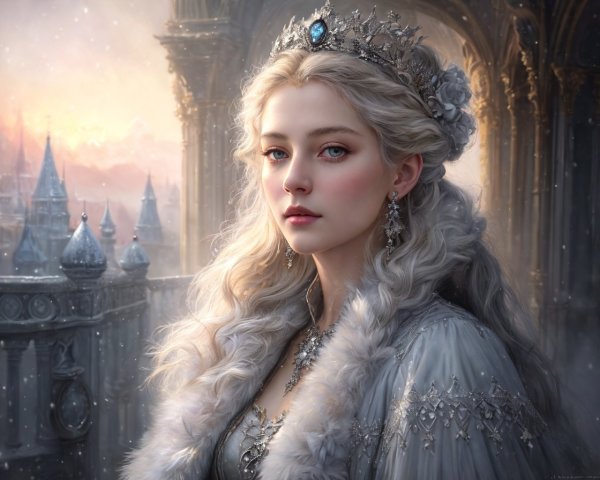 Blonde woman in crown and gown at fantasy castle dusk