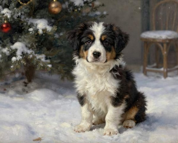 Portrait of a Bernese Mountain Dog Puppy in Winter Snow
