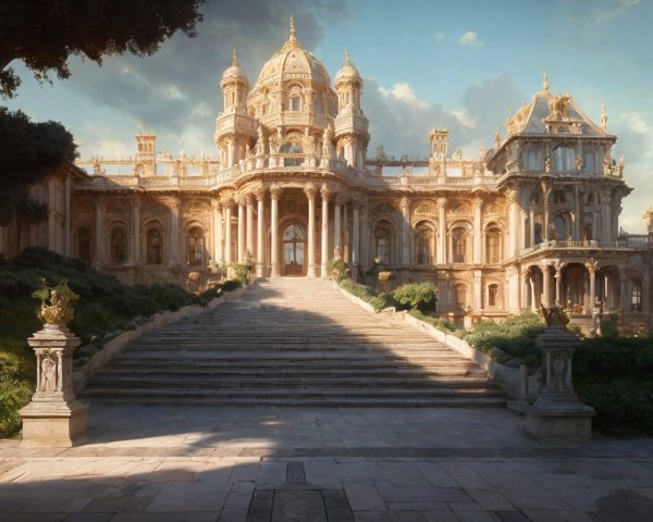 Opulent Baroque Palace with Grand Staircases and Ornate Sculptures