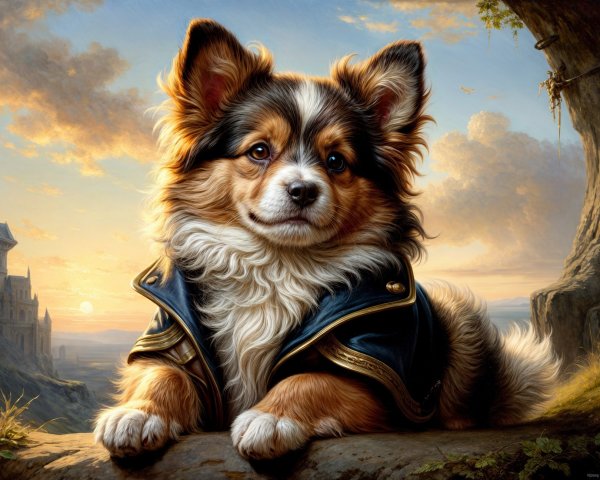 Fluffy Dog in Scenic Landscape with Sunset and Castle