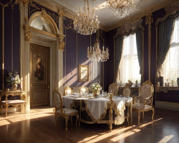 Elegant Purple Themed Dining Room with Golden Accents