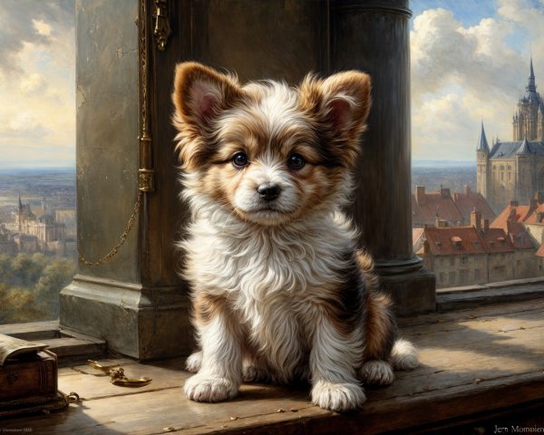 Fluffy Puppy on Wooden Ledge with Cityscape Background