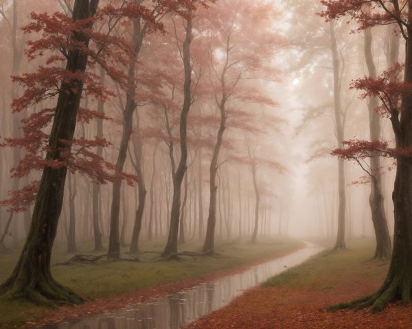 Serene Misty Forest with Red Leaves and Stream