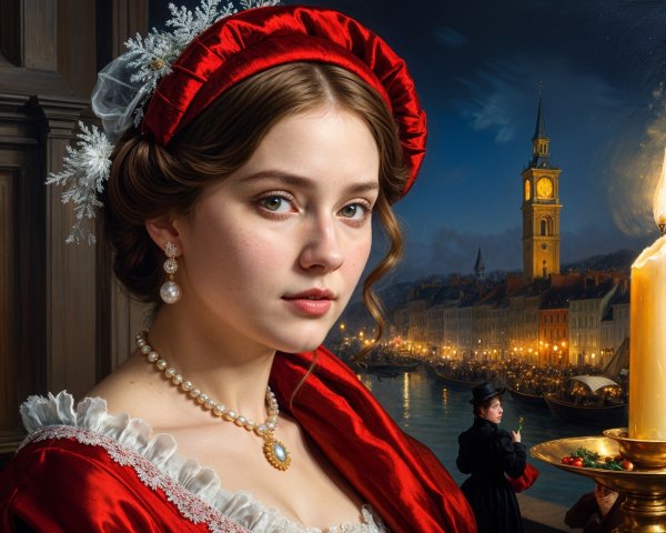 Young woman in red gown near candlelit clock tower